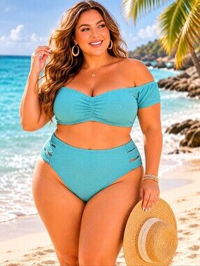 🌊✨ NWT Plus Size Aqua Textured Bikini Set 3X (24W-26W) Beach Vacation Swimwear